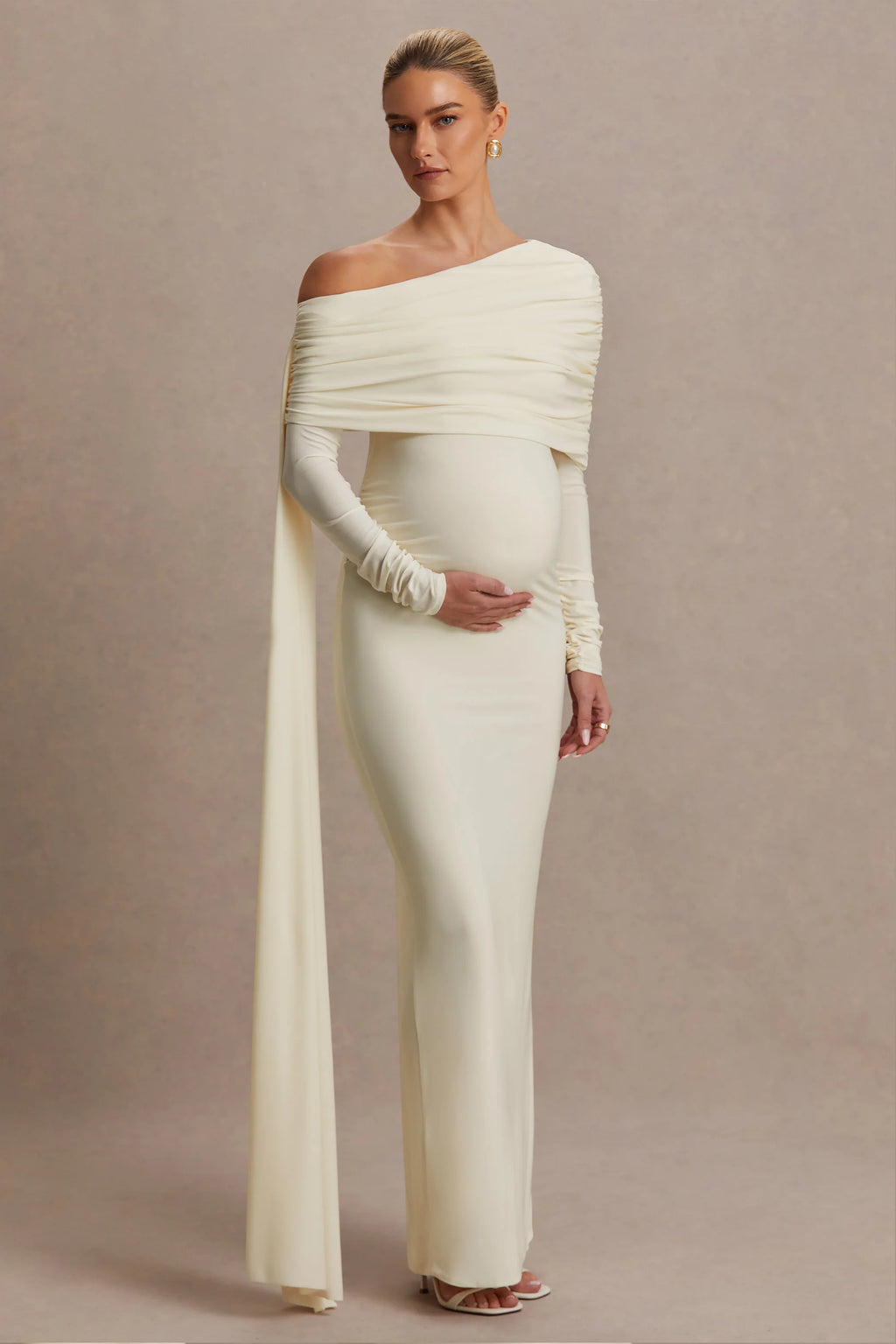 Cyra | Cream Asymmetric-Neck Maternity Maxi Dress With Sash