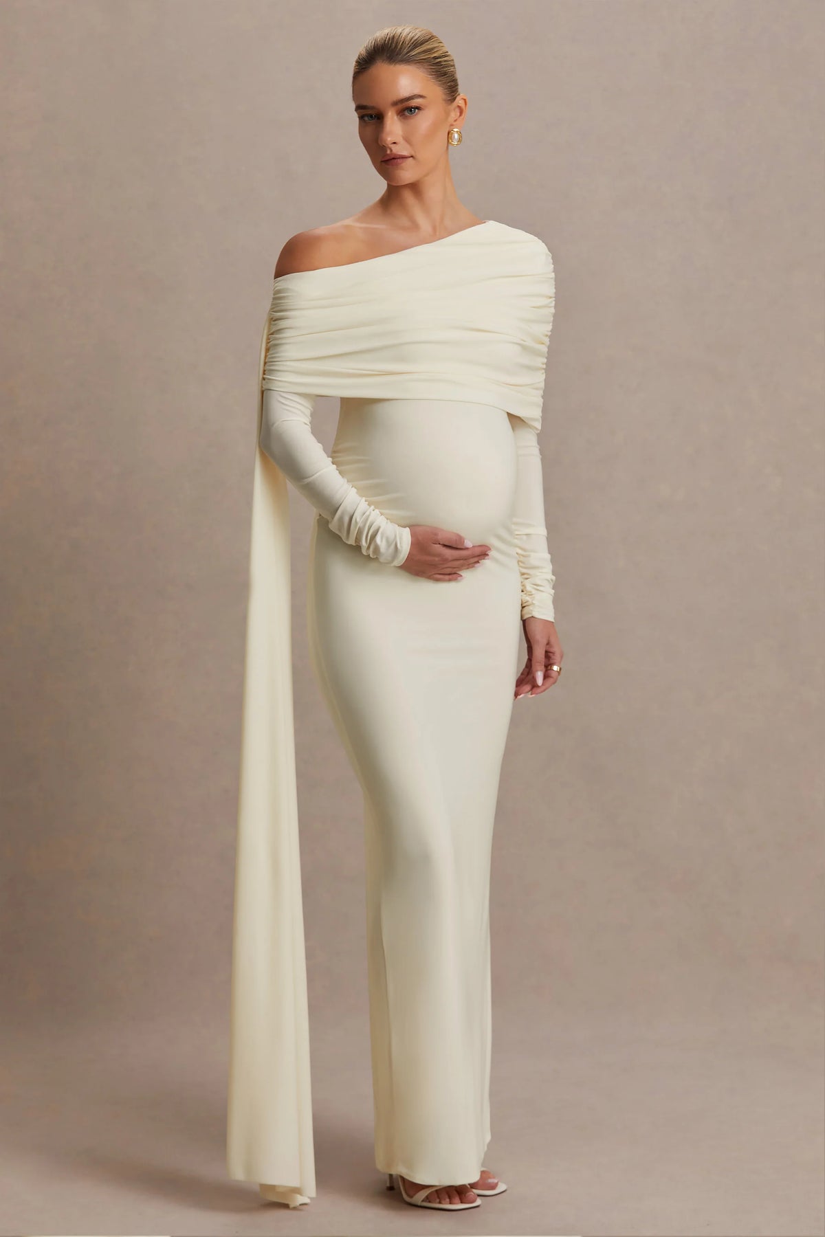 Cyra | Cream Asymmetric-Neck Maternity Maxi Dress With Sash