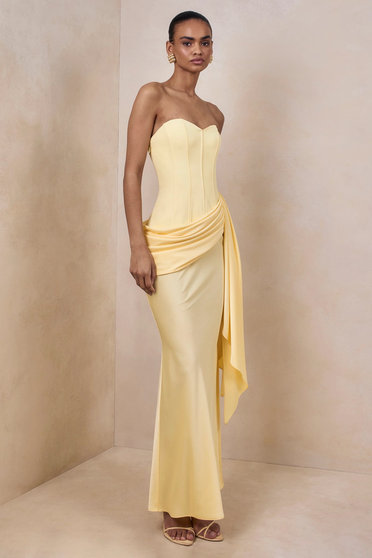 Nalira | Lemon Satin Bandeau Maxi Dress With Draped Skirt