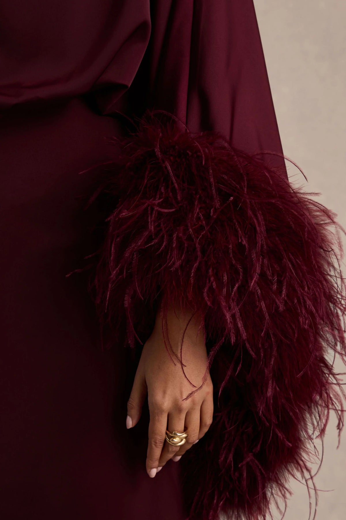 Felicity | Burgundy Satin Asymmetric-Neck Maxi Dress With Feather Detailing