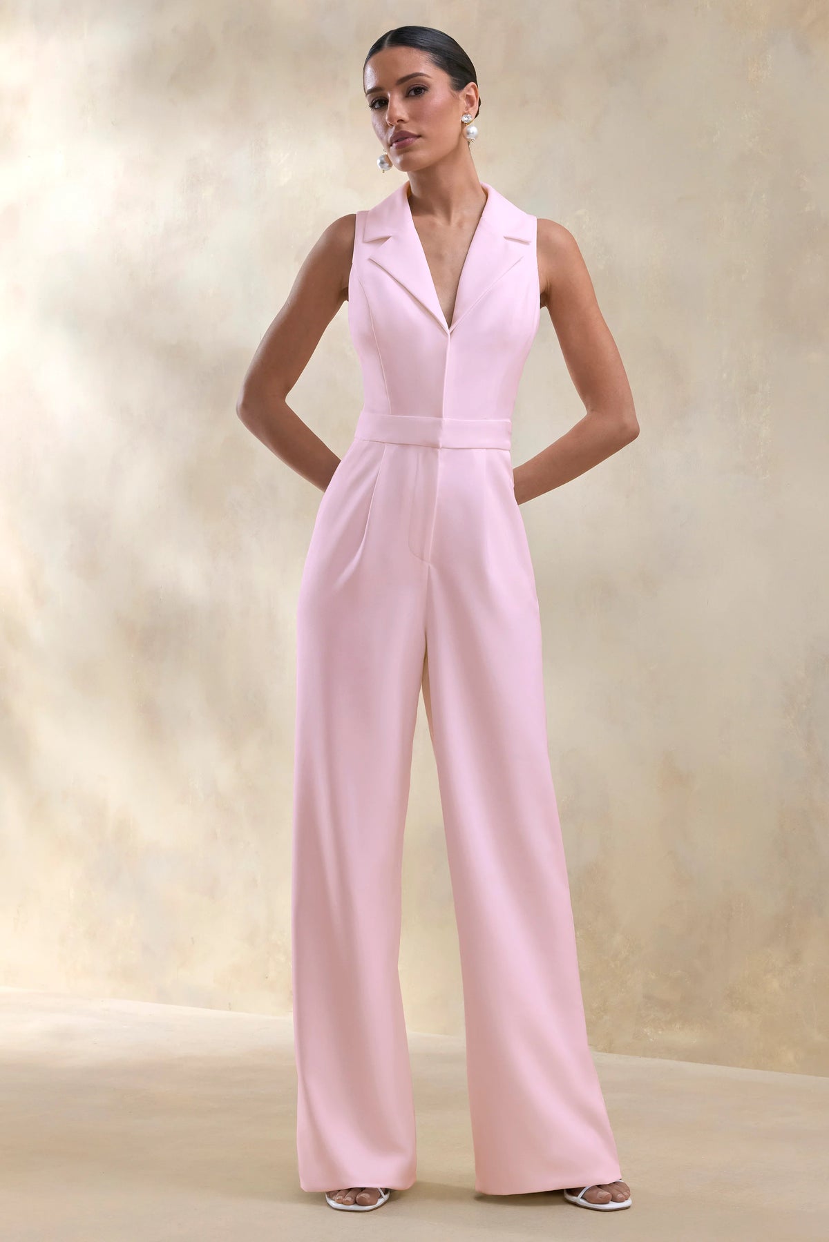 Brillora | Light Pink Plunge-Neck Tailored Jumpsuit