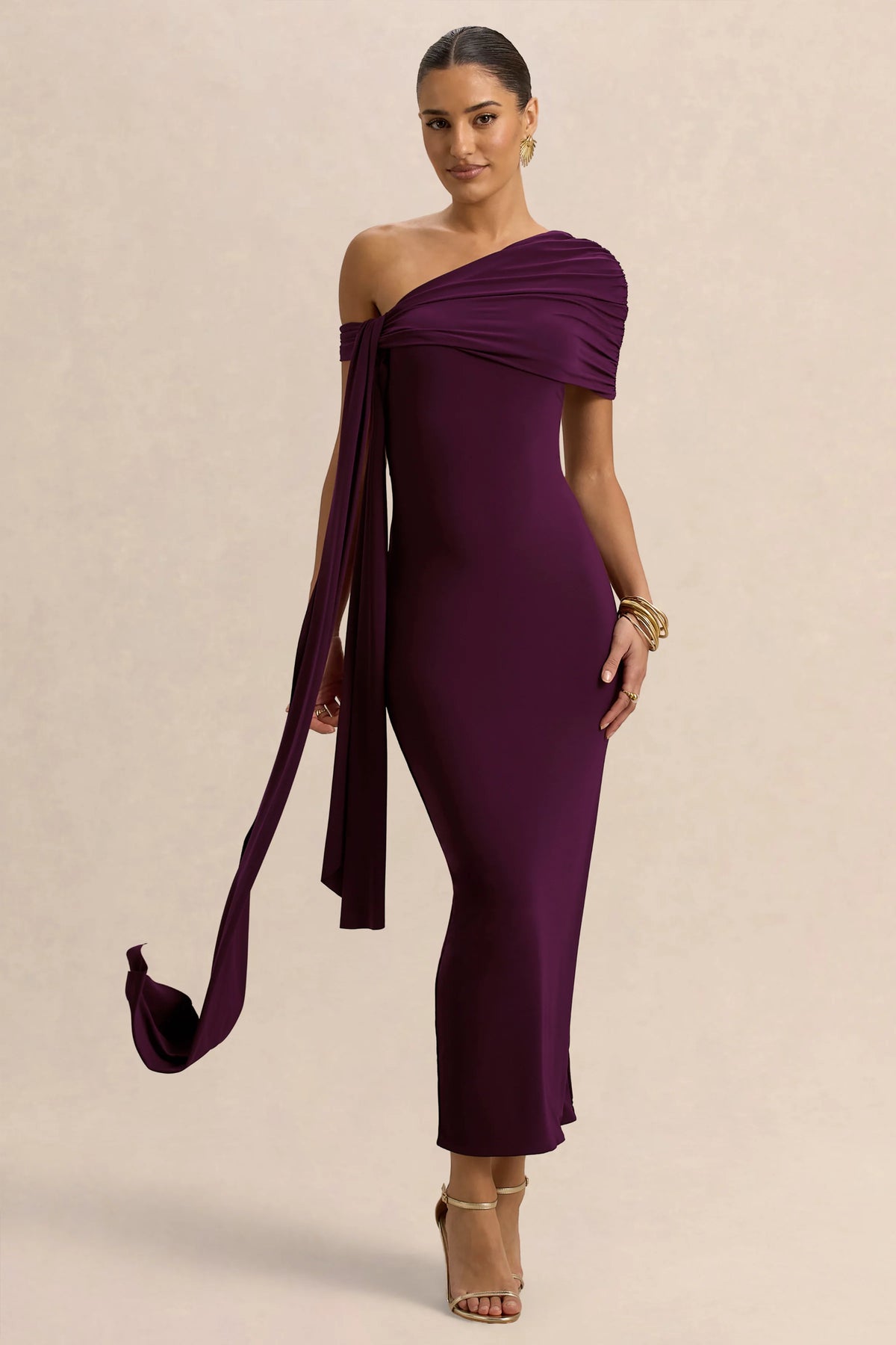 Praia | Plum Asymmetric-Neck Midi Dress With Sash and Draped Detailing