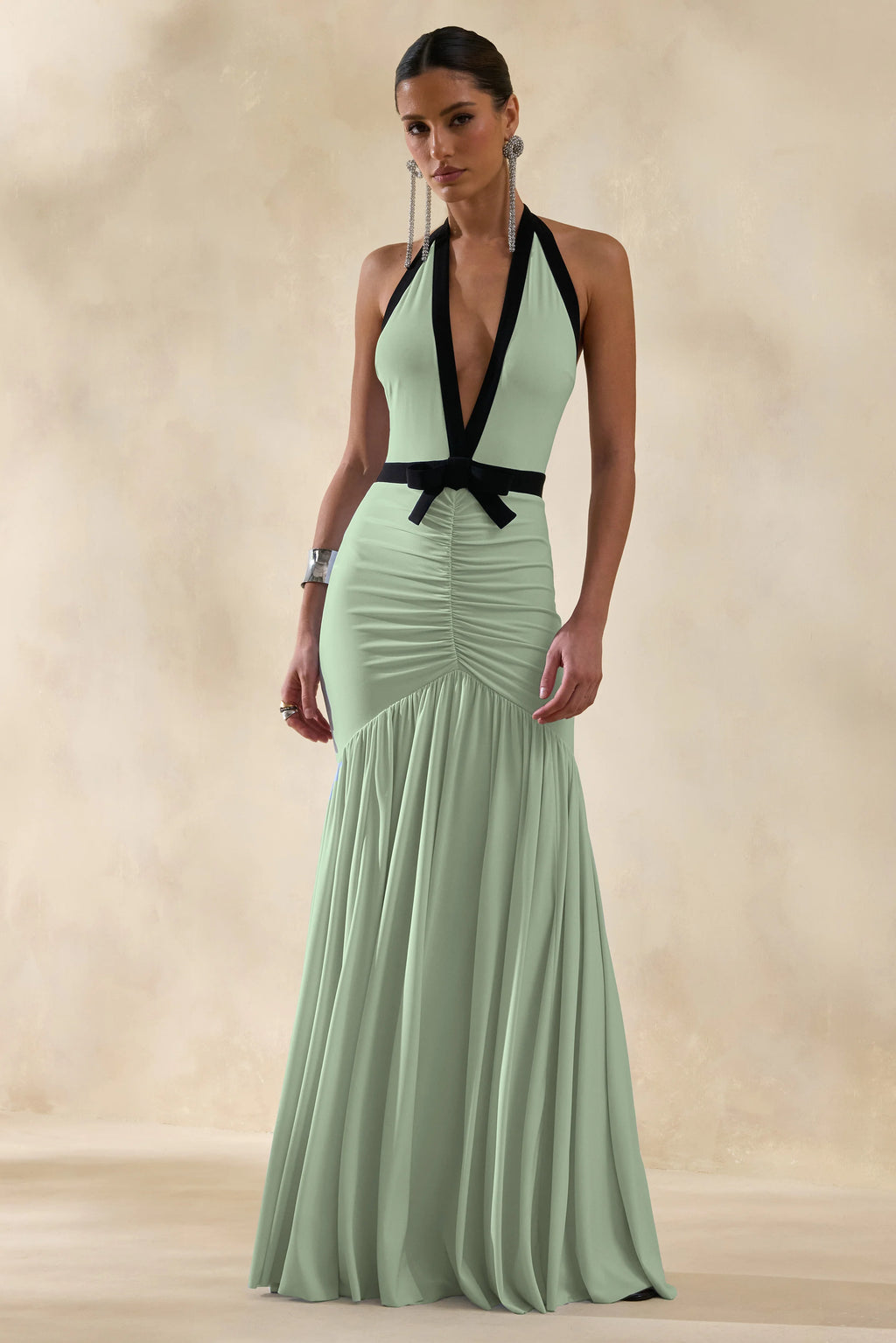 Cosmina | Mint Plunge-Neck Maxi Dress With Bow-Detail