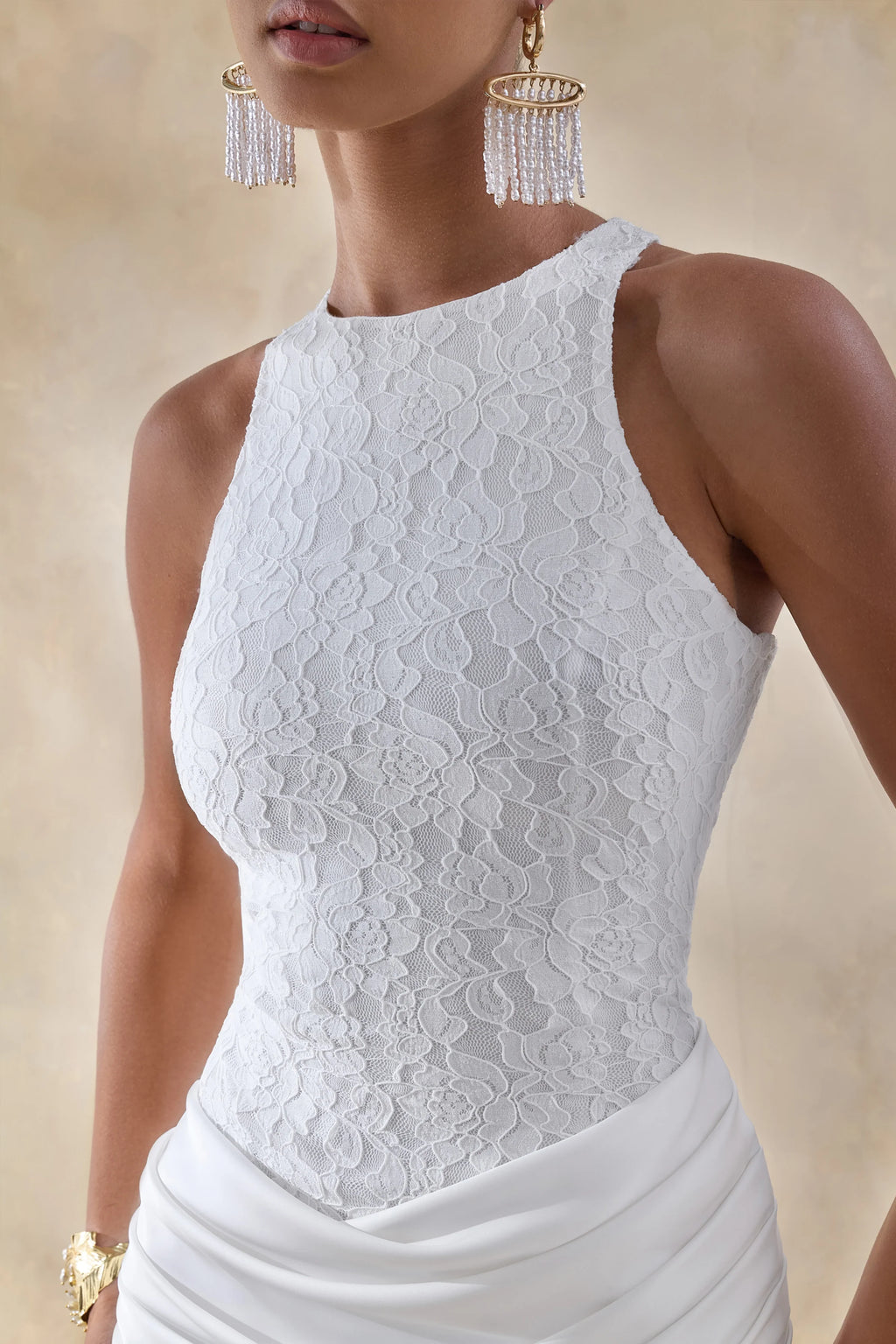 Neria | White Satin And Lace Crew-Neck Maxi Dress With Draped Wrap-Skirt
