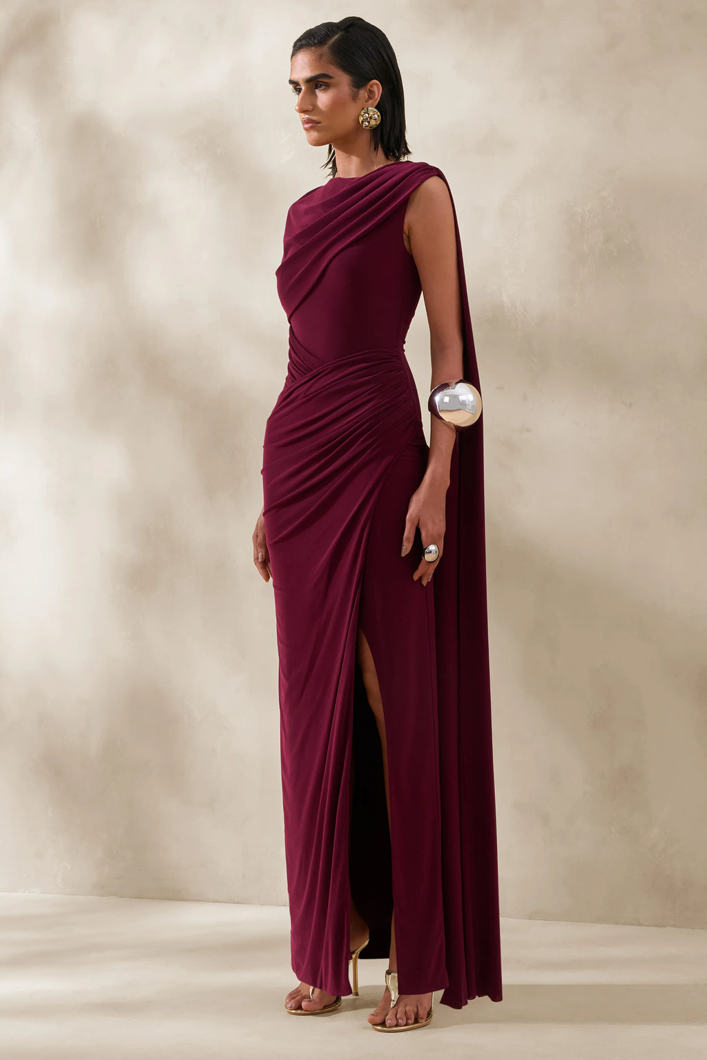Palomara | Burgundy Round-Neck Maxi Dress With Sash And Front-High Split
