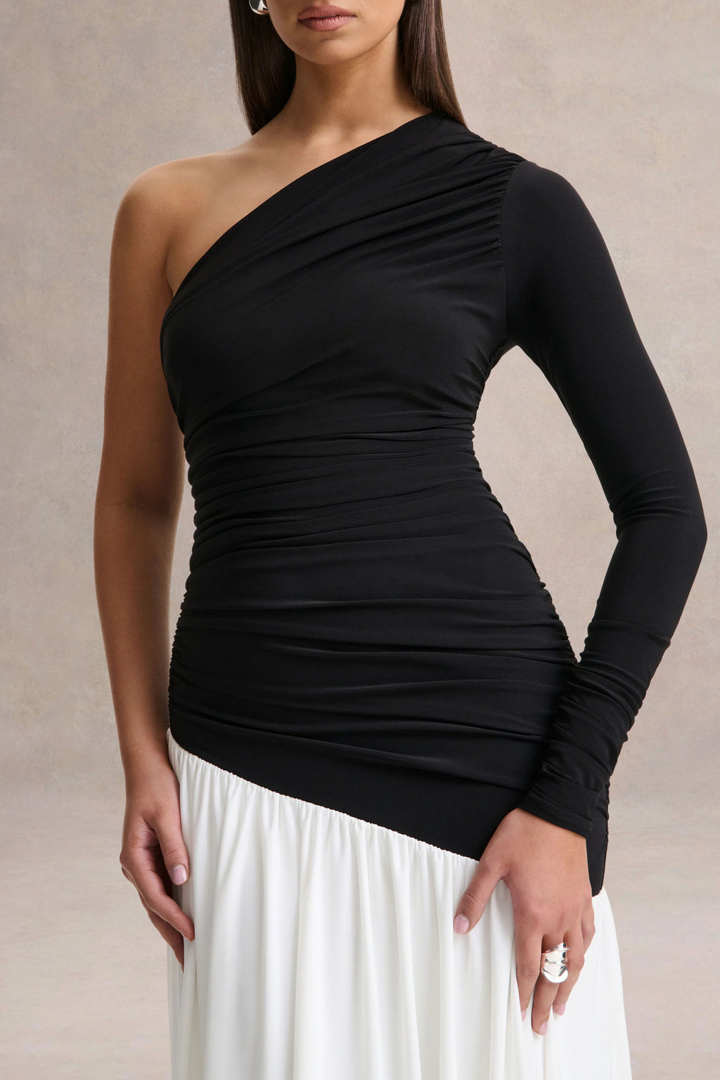 Danila | Black And White Asymmetric-Neck Maxi Dress With Drop-Waist