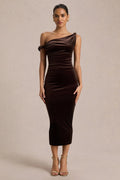 Carella | Brown Velvet Twisted Asymmetric Midi Dress