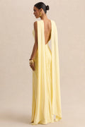 Premiere | Lemon Boat-Neck Maxi Dress With Cape-Sleeves And Open-Back