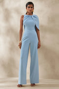 Quinley | Powder Blue Asymmetric-Neck Jumpsuit With Cape-Sleeve