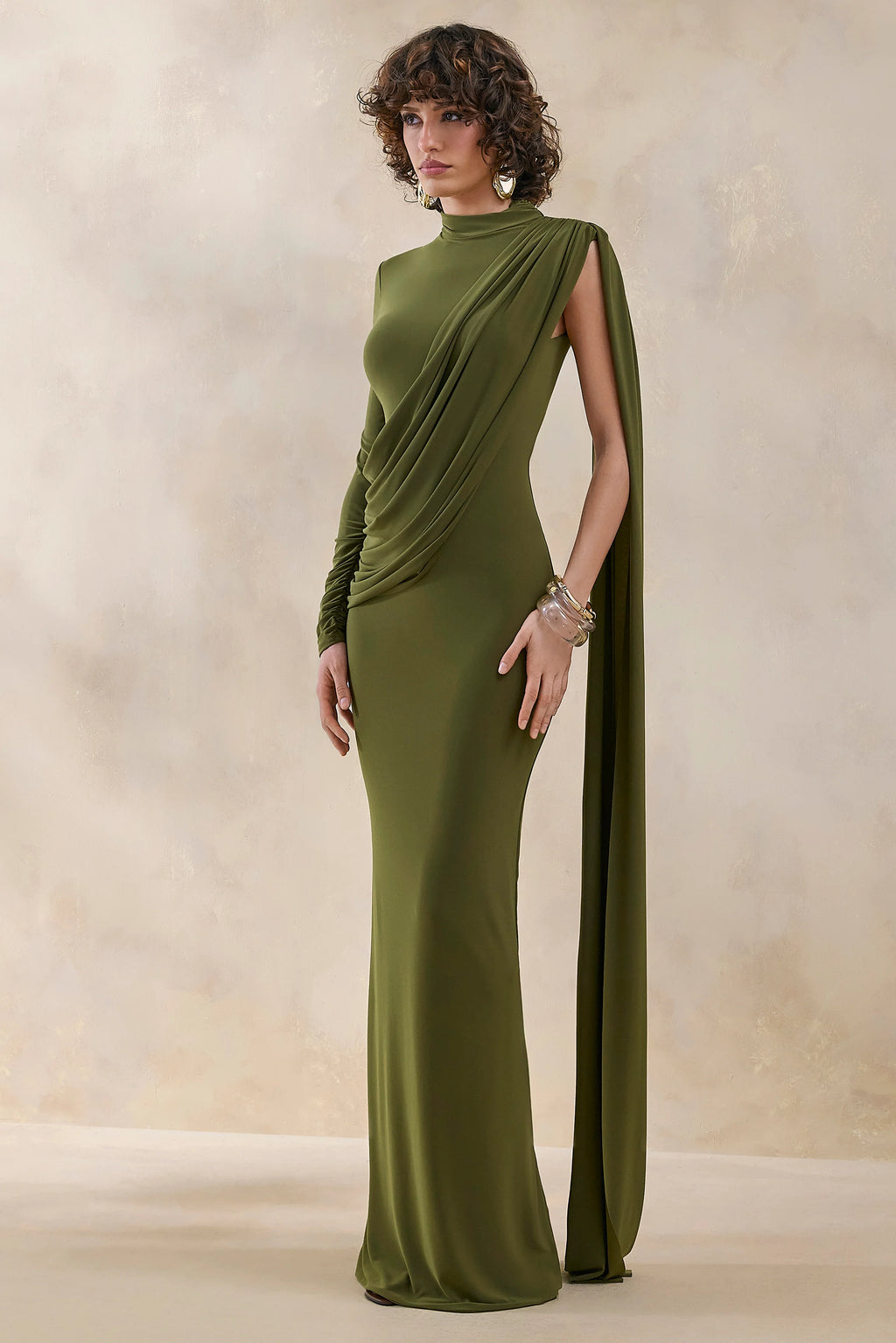Oliria | Olive High-Neck Maxi Dress With One-Long Sleeve And Sash-Detail