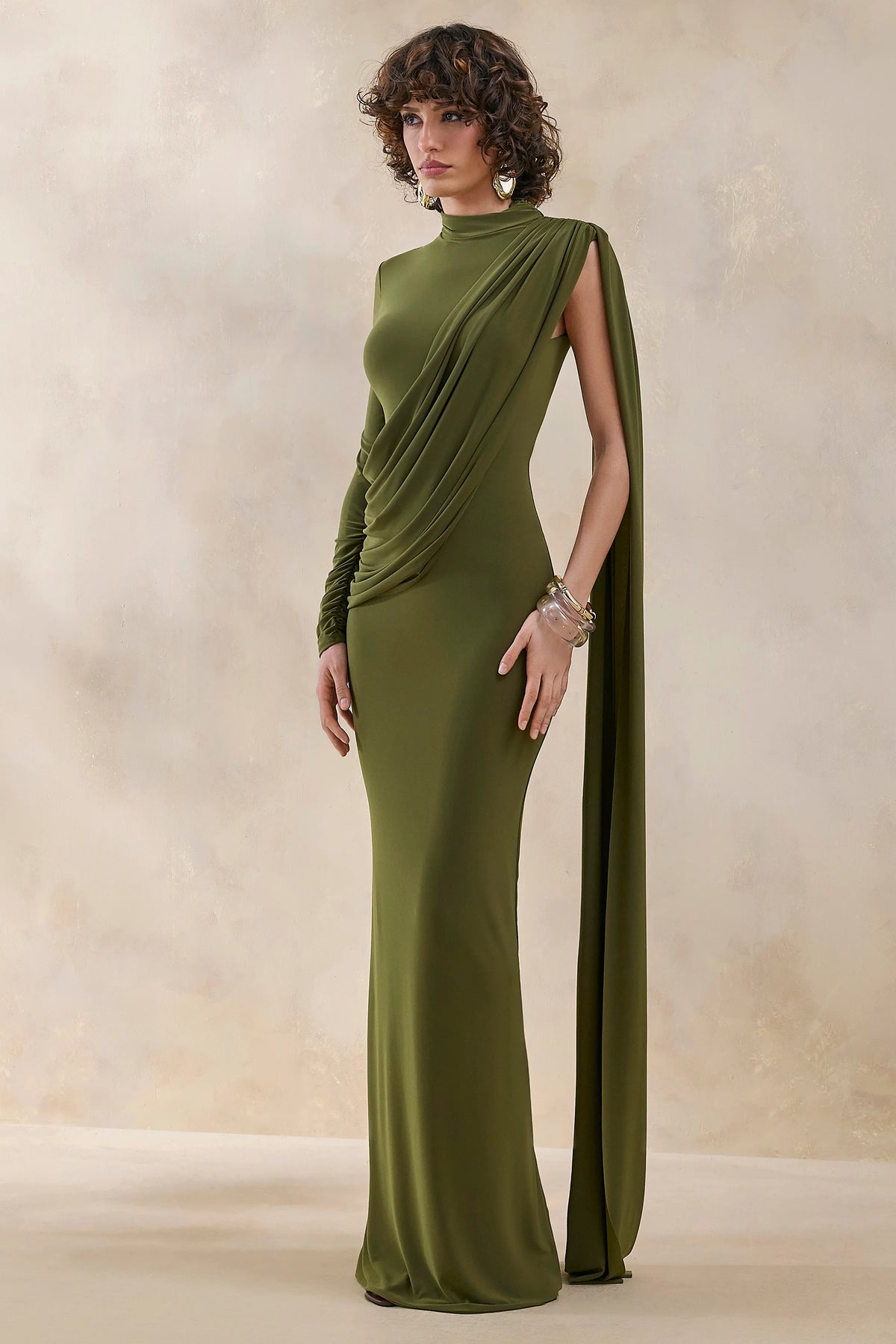 Oliria | Olive High-Neck Maxi Dress With One-Long Sleeve And Sash-Detail