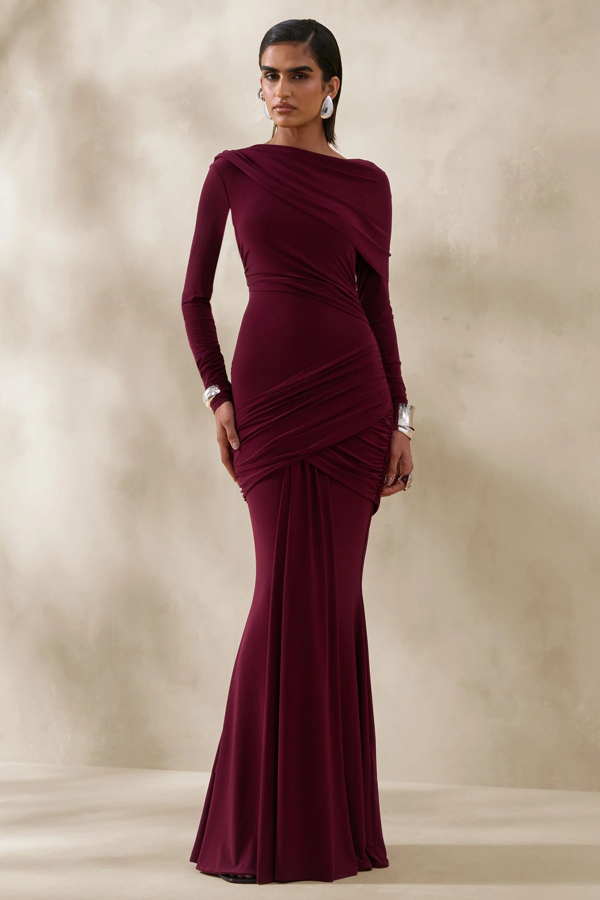 Kessara | Burgundy Asymmetric-Neck Maxi Dress With Sash And Gathered-Detailing