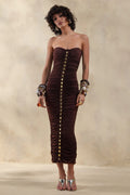 Spontaneity | Brown Bandeau Ruched Midi Dress