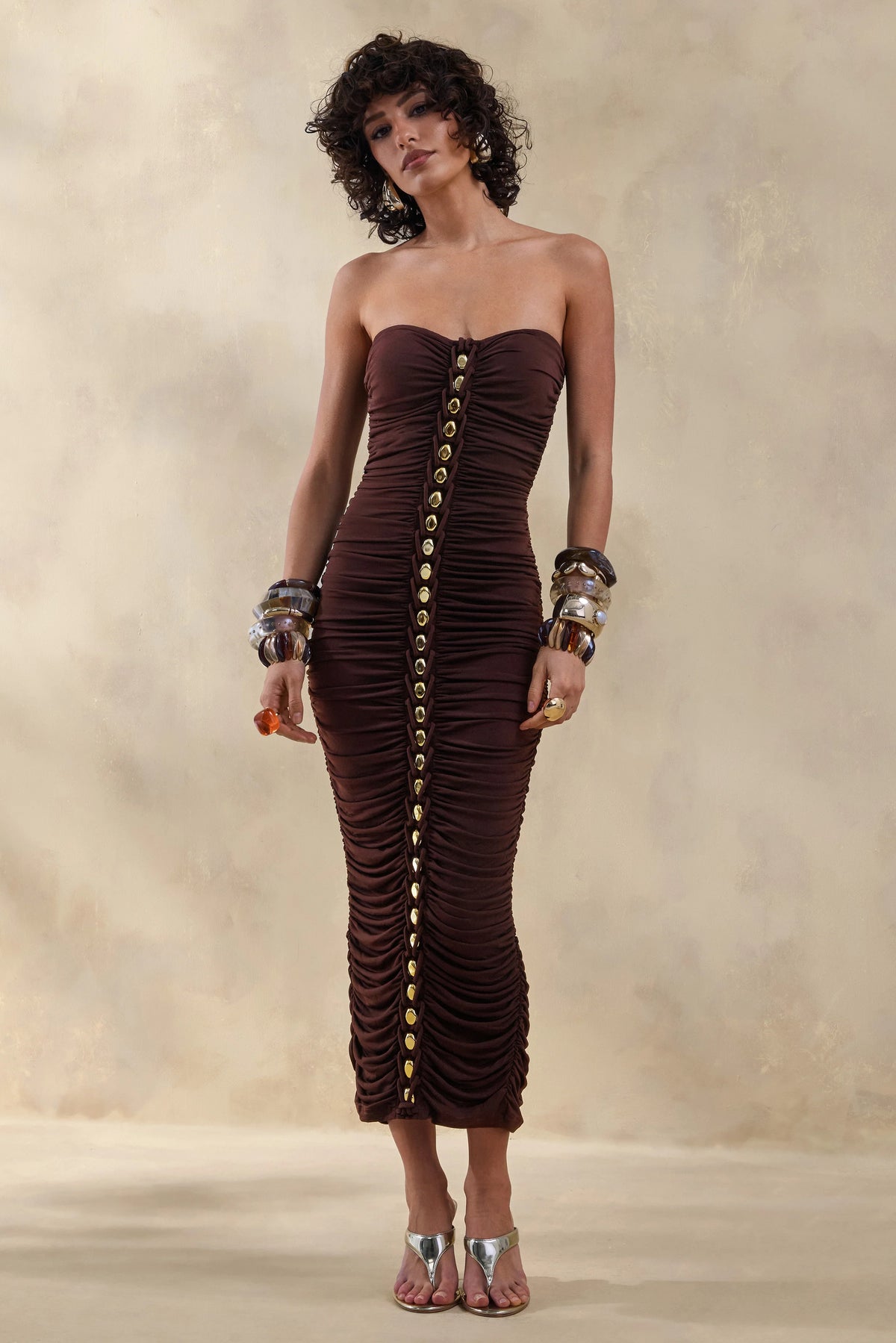 Spontaneity | Brown Bandeau Ruched Midi Dress