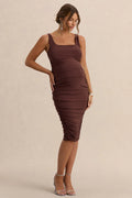 Lisbon | Brown Maternity Square Neck Ruched Midi Dress