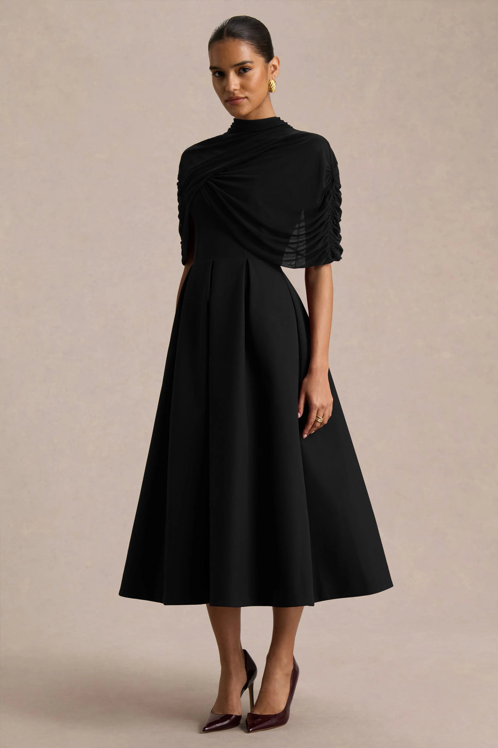 Thalia | Black High-Neck Midi Dress With Sheer Mesh Cape