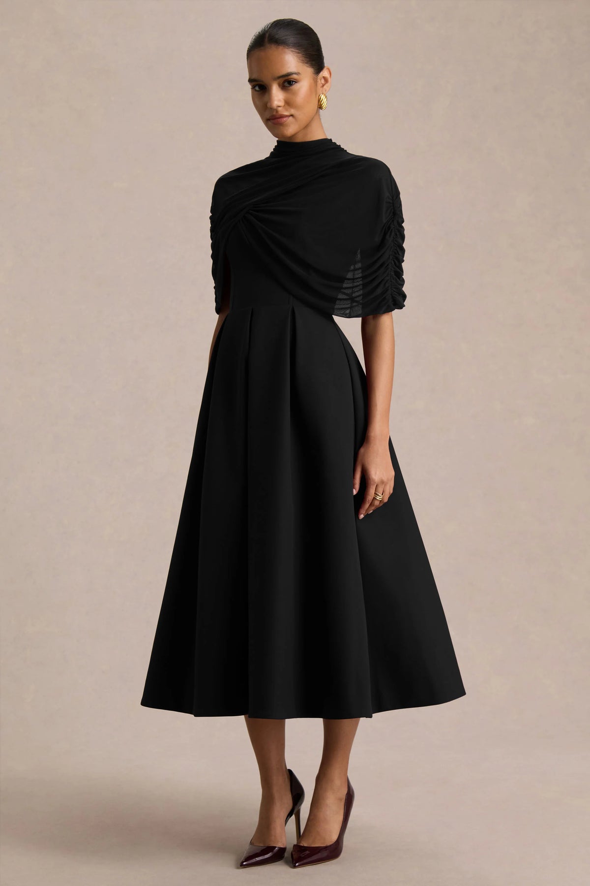 Thalia | Black High-Neck Midi Dress With Sheer Mesh Cape
