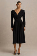 Alexis | Black Plunge-Neck Midi Dress With Draped And Ruched Detailing