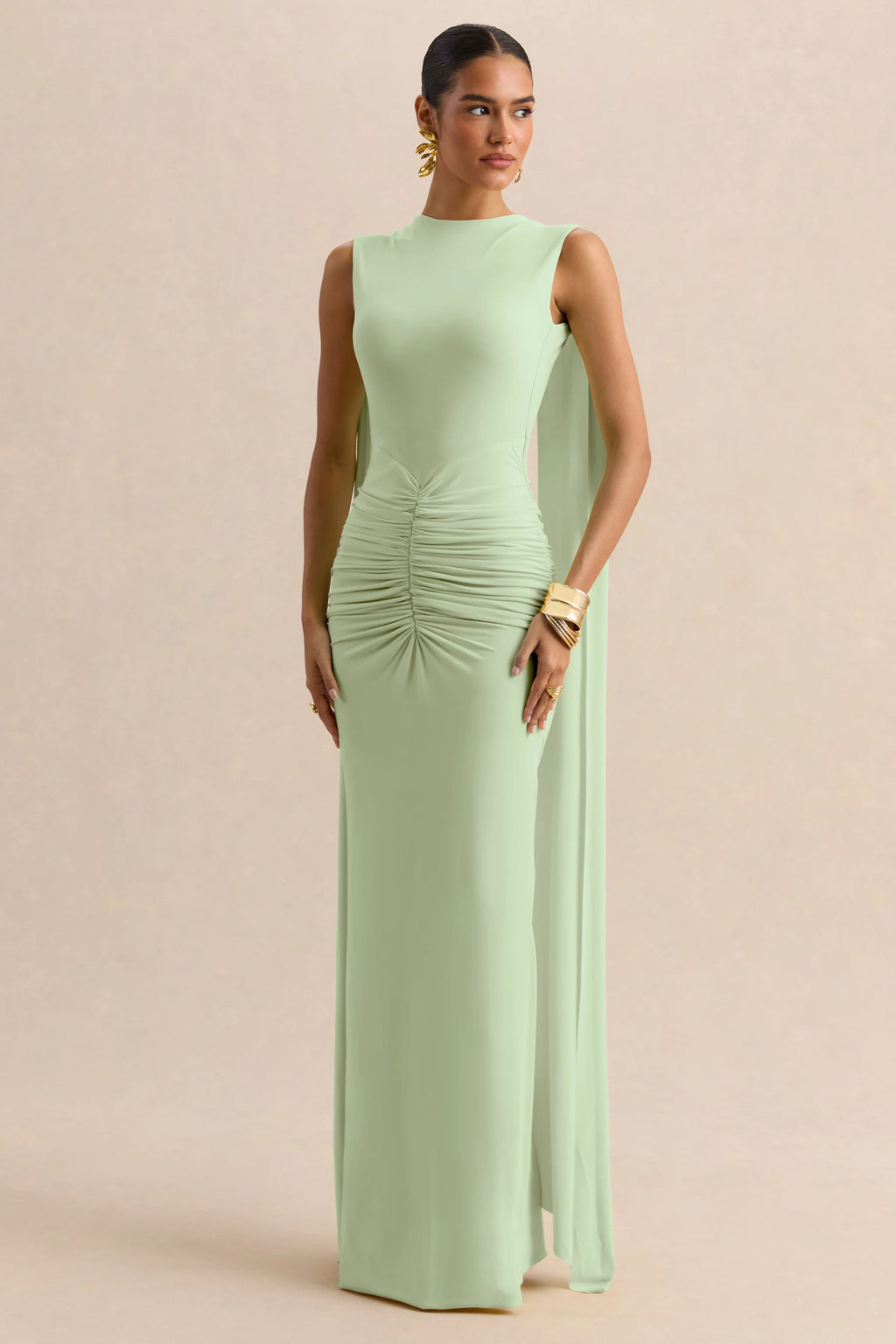 Premiere | Mint Boat-Neck Maxi Dress With Cape-Sleeves And Open-Back