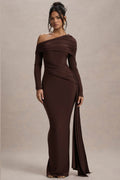 Valina | Brown Ruched Asymmetric Maxi Dress With Drape
