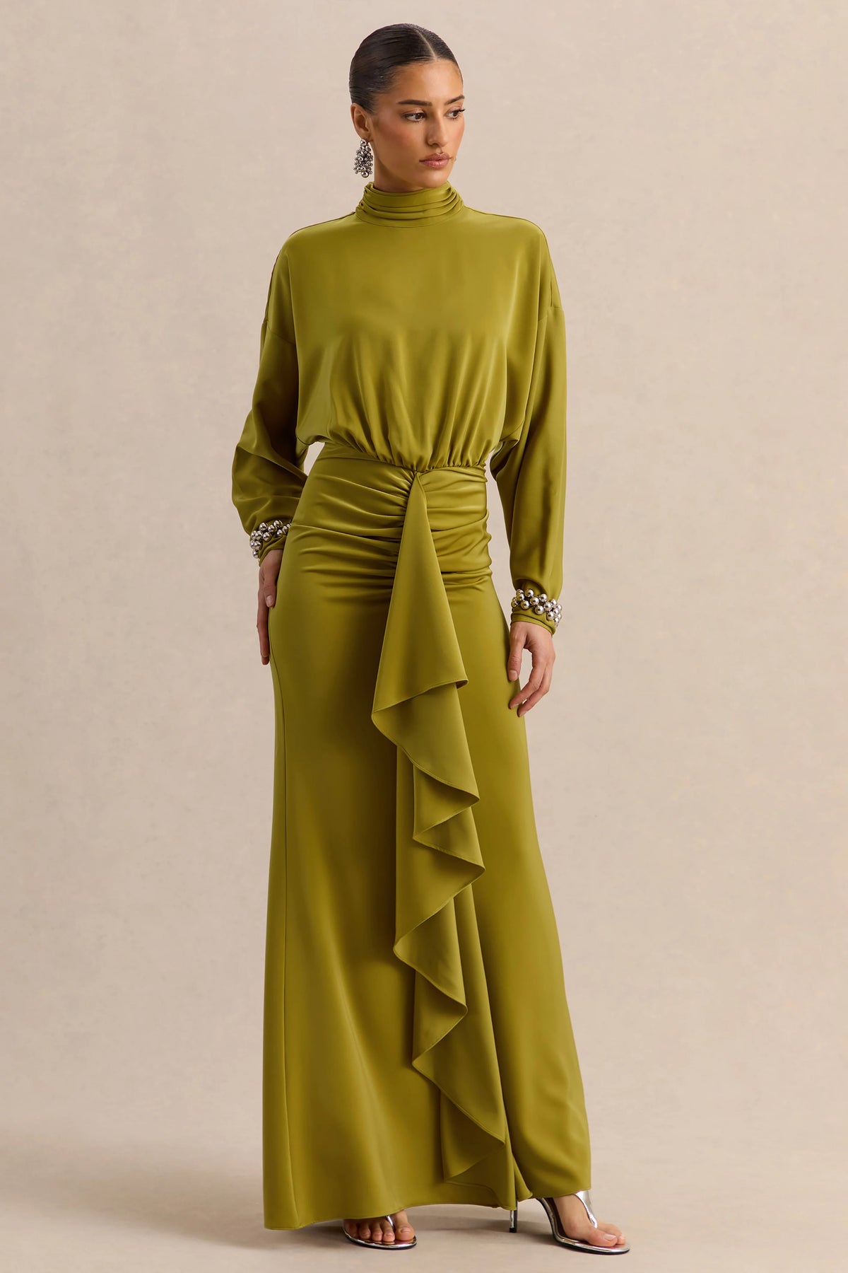 Perla | Olive High-Neck Maxi Dress With Gathered-Detailing