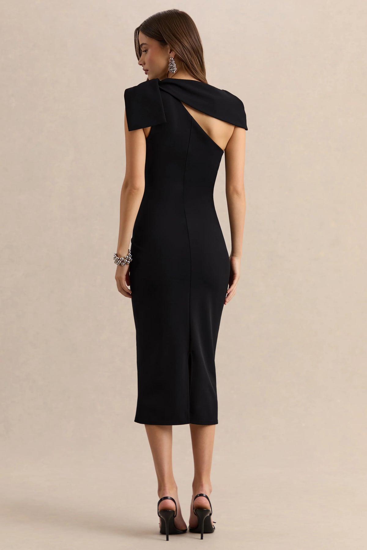 Clarina | Black Asymmetric-Neck Midi Dress With Bow-Detail