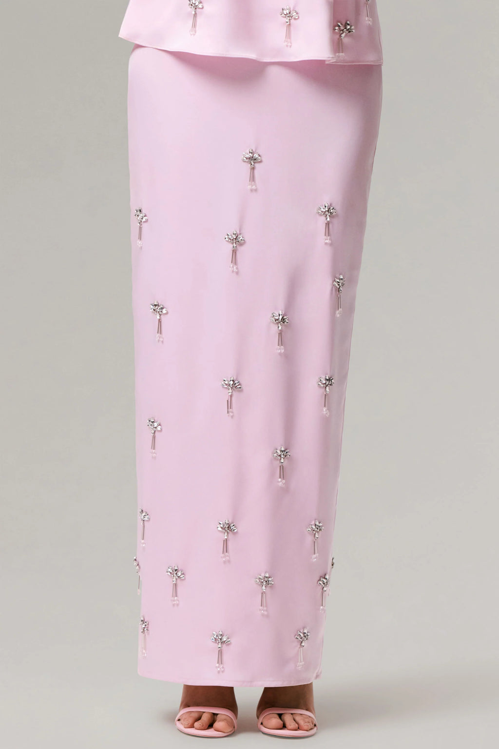 Lena | Pink Satin Embellished Maxi Skirt