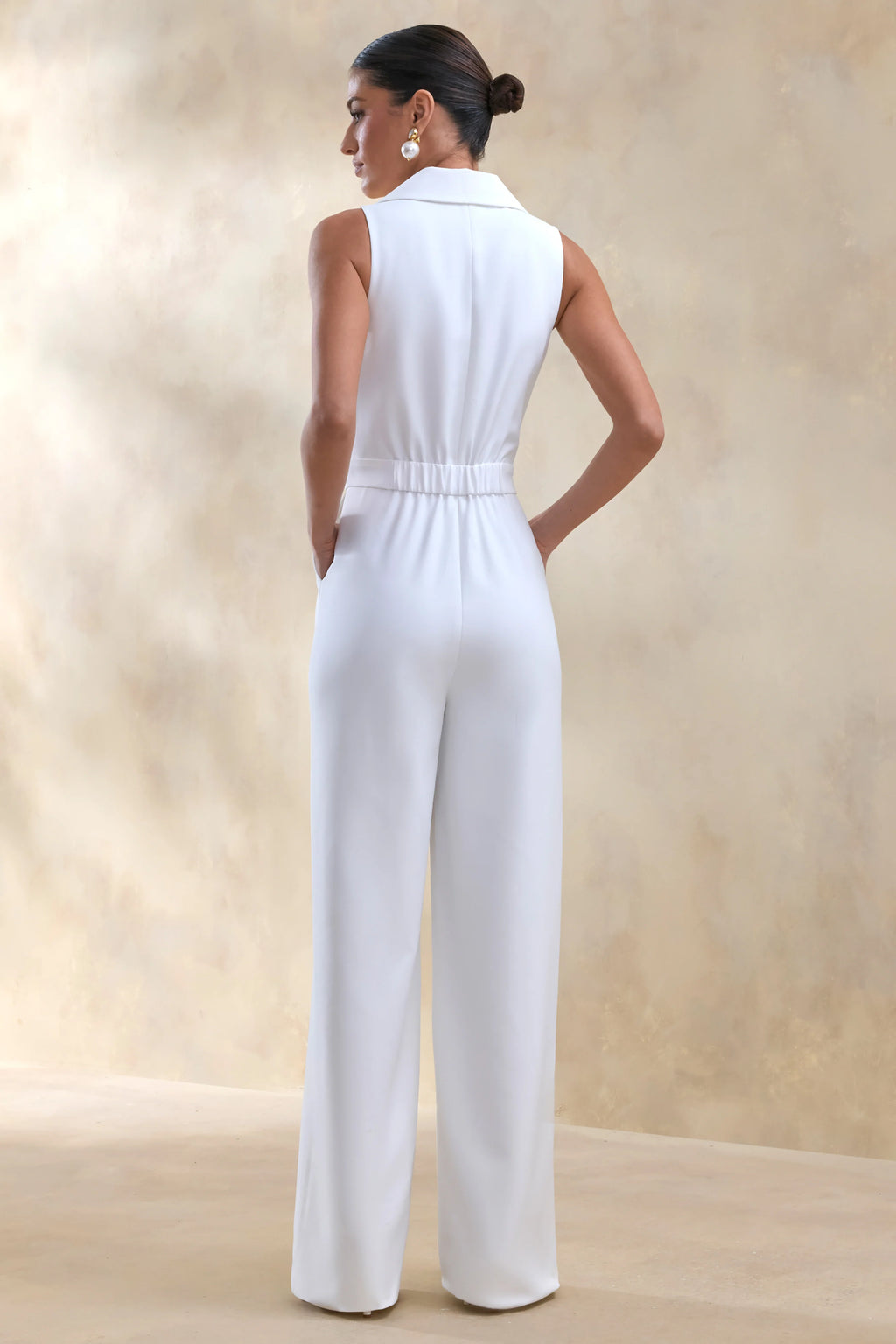 Brillora | White Plunge-Neck Tailored Jumpsuit