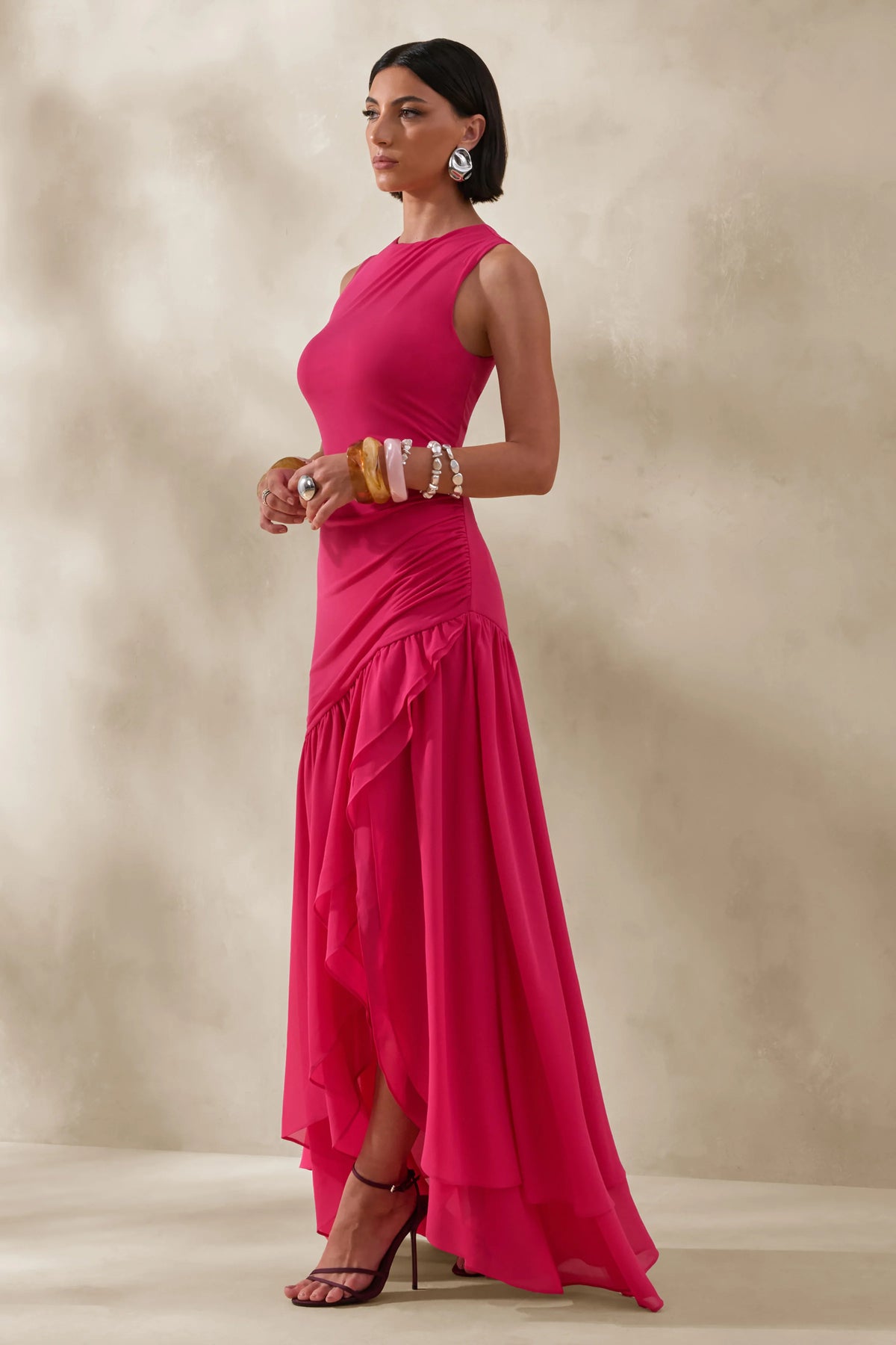 Noelia | Hot Pink High-Neck Maxi Dress With Ruffled Detailing