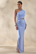 Malika | Powder Blue Asymmetric-Neck Maxi Dress With Body-Cut Out And Gathered Detailing