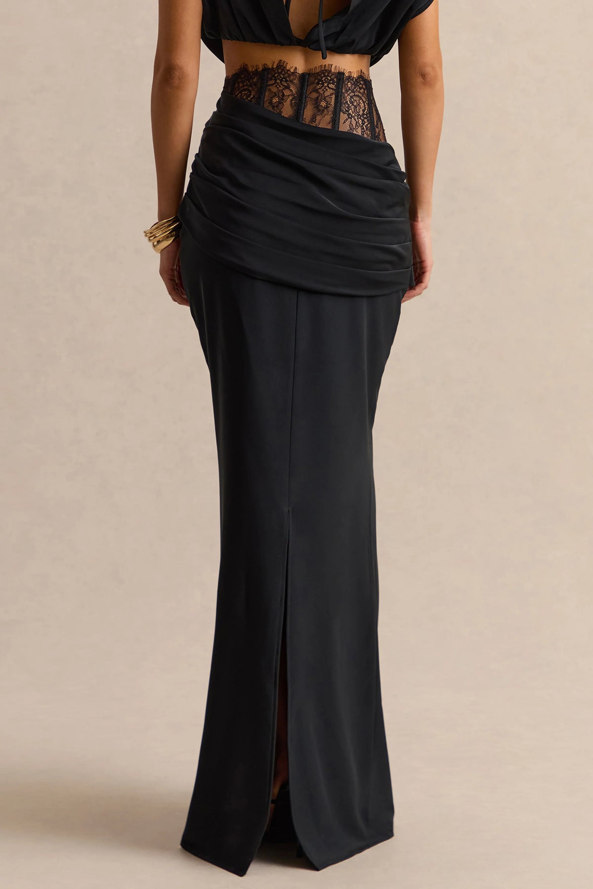 Silora | Black Satin Maxi Skirt With Lace-Detail