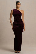 Treat | Burgundy Velvet Asymmetric-Neck Maxi Dress With Ruched Detailing.