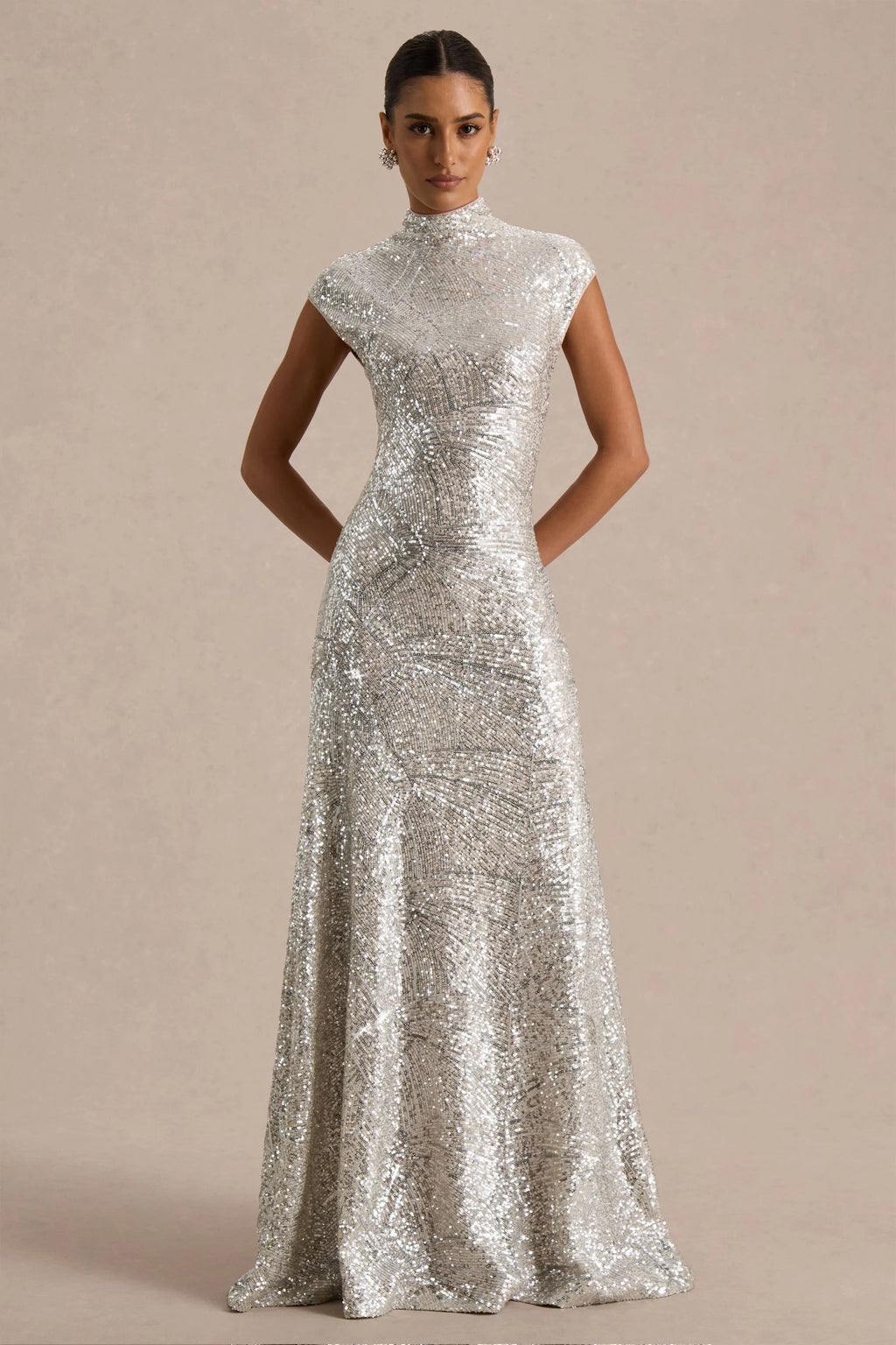 Cecy | Silver Sequin High-Neck Maxi Dress With Cap Sleeves