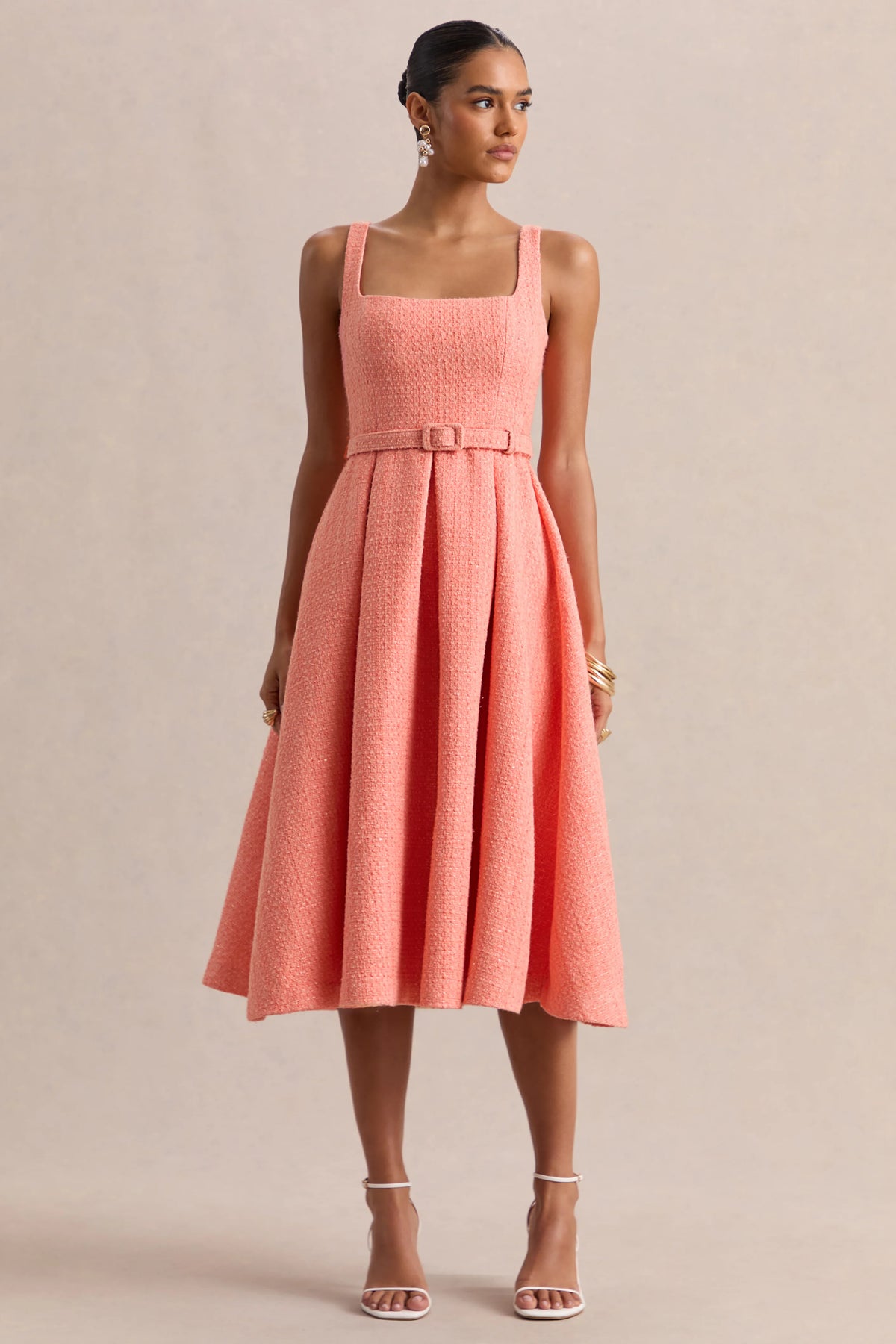 Camoria | Coral Boucle Square-Neck Midi Dress