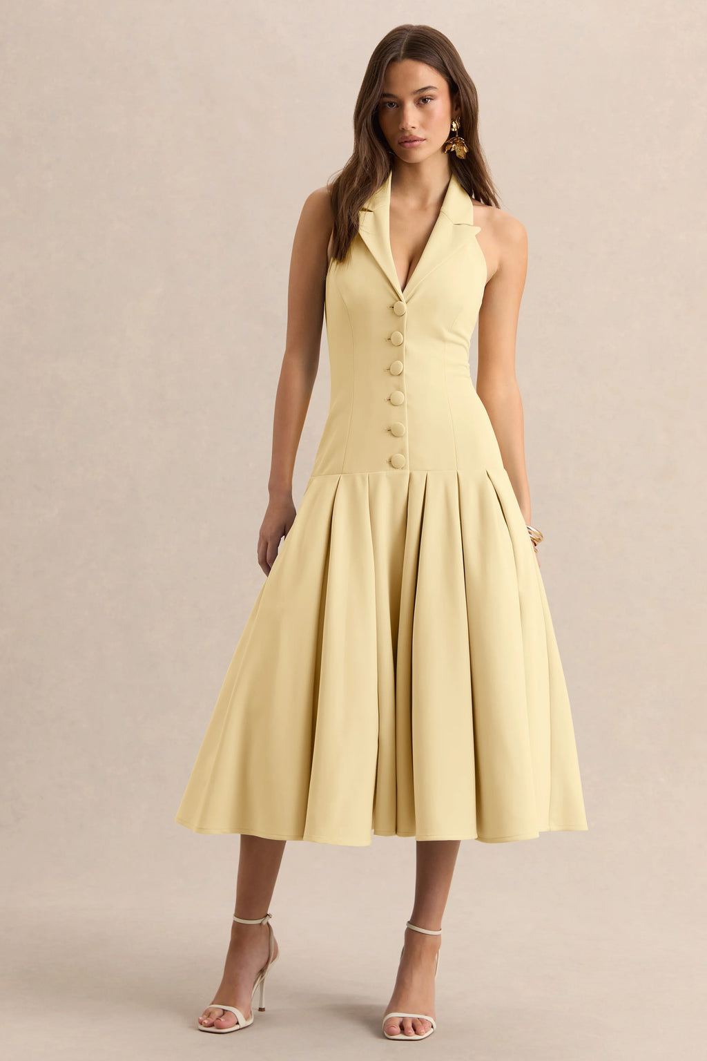 Elise | Lemon Plunge-Neck Midi Dress With Drop-Waist