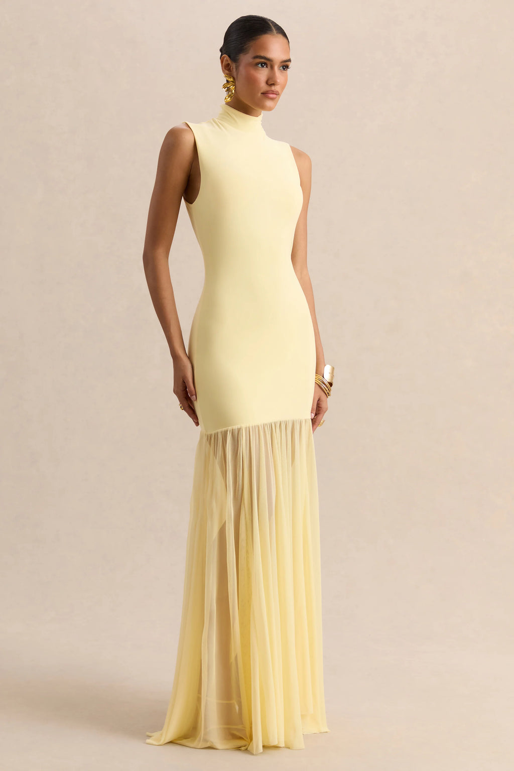 Felina | Lemon High-Neck Maxi Dress With Sheer-Skirt
