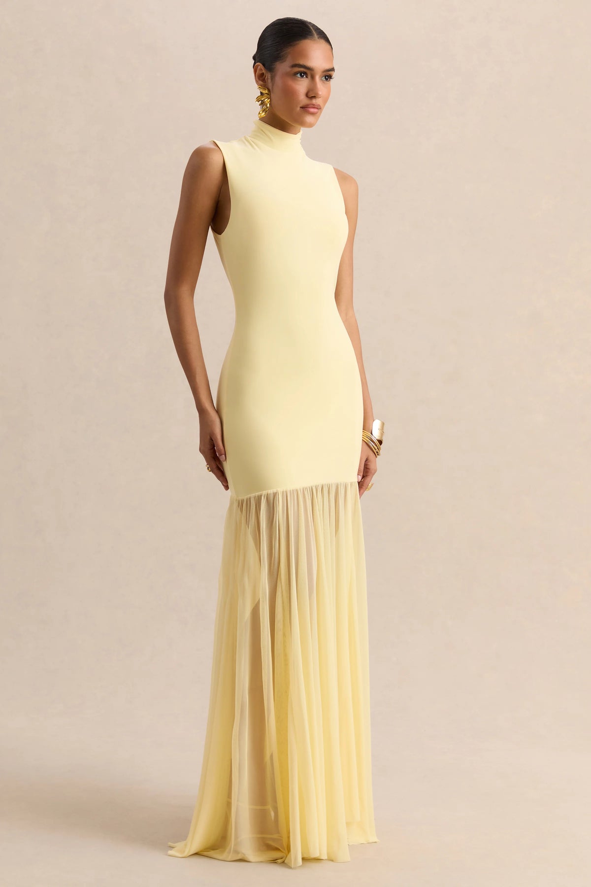 Felina | Lemon High-Neck Maxi Dress With Sheer-Skirt