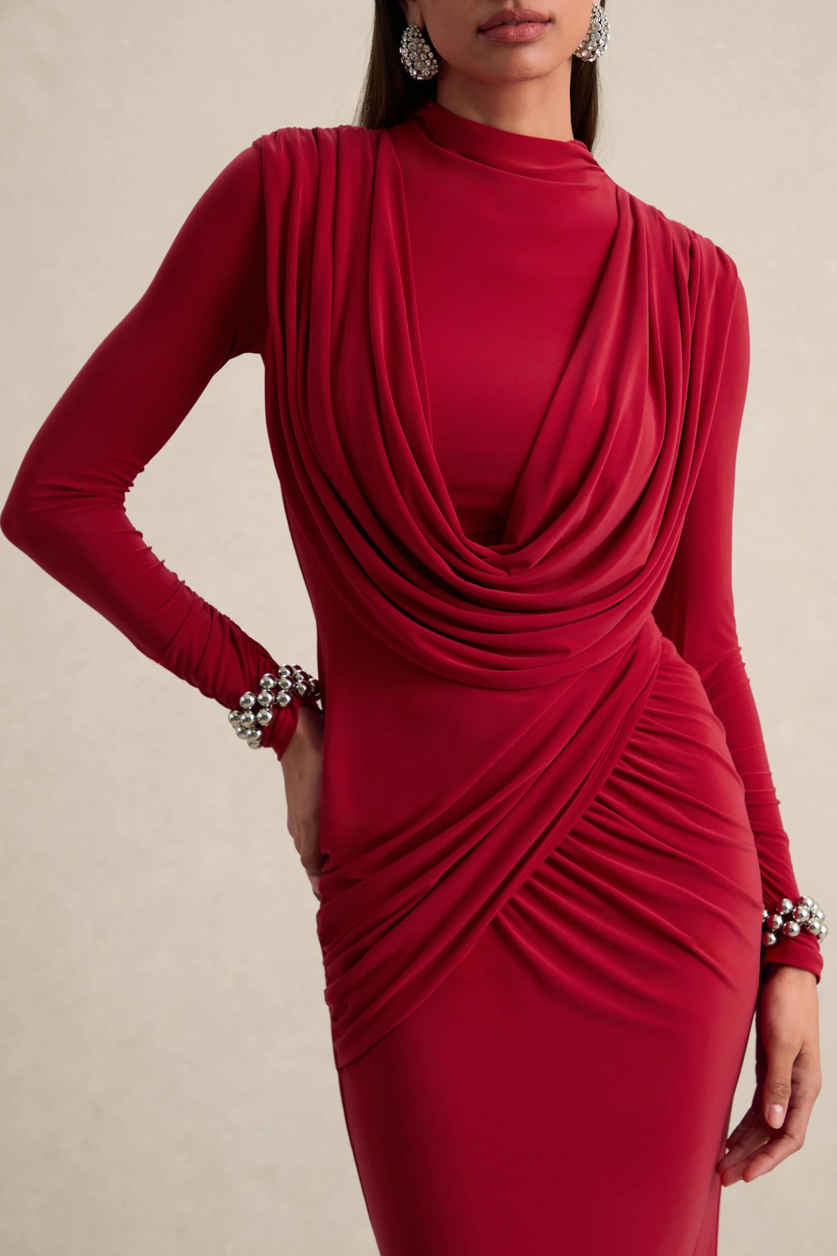 Karinthia | Red High-Neck Maxi Dress With Draped-Detailing