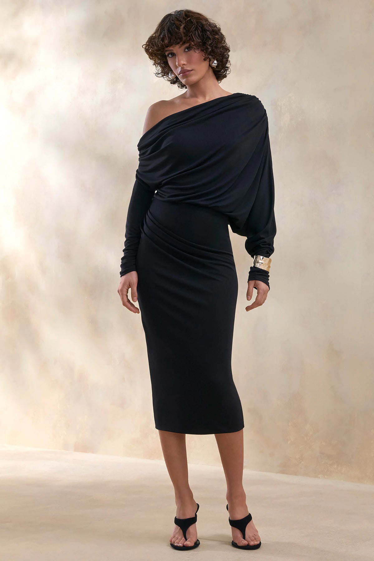 Dalissa | Black Asymmetric-Neck Midi Dress With Draped-Detailing