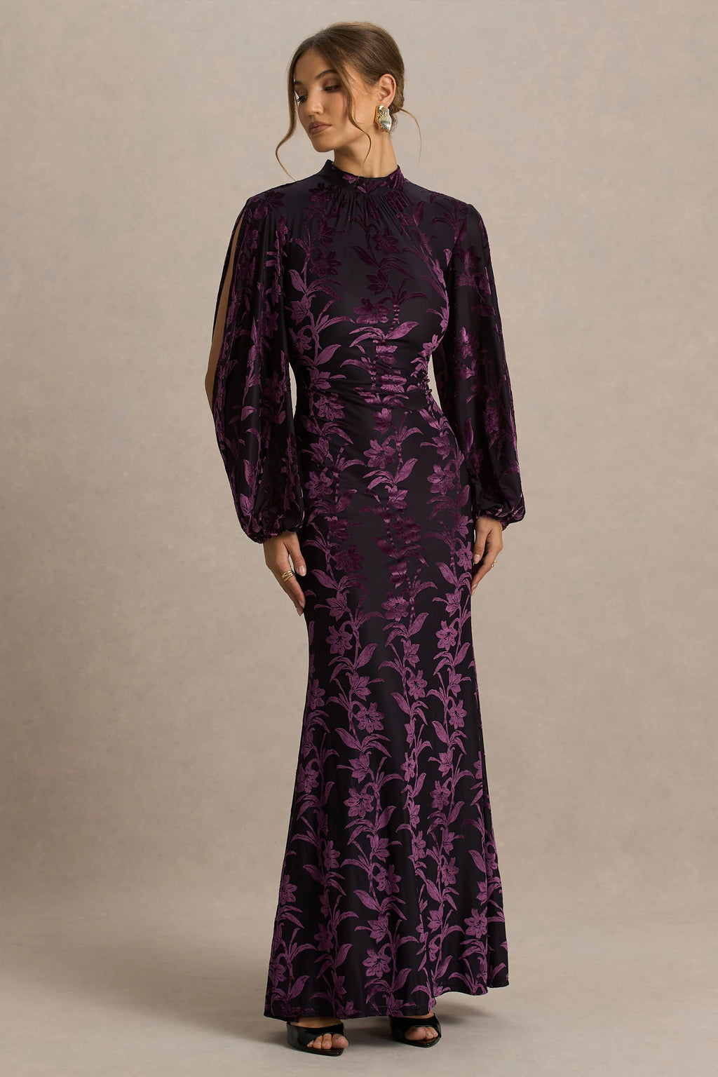 Janet | Black And Purple Devore High-Neck Maxi Dress With Cut-Out Details