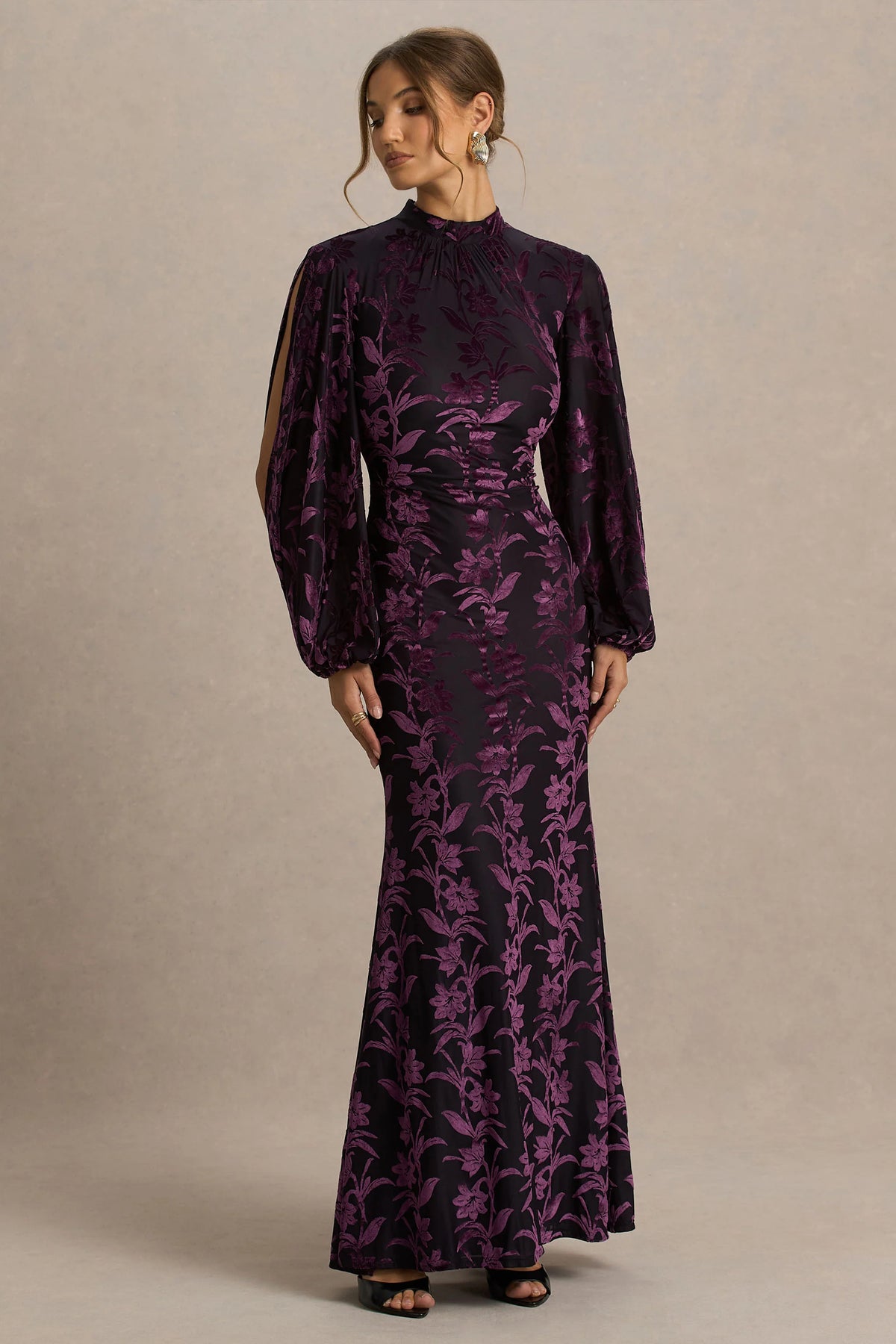 Janet | Black And Purple Devore High-Neck Maxi Dress With Cut-Out Details