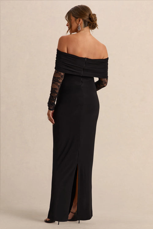 Artemisia | Black Bardot-Neck Maternity Maxi Dress With Lace Detailing