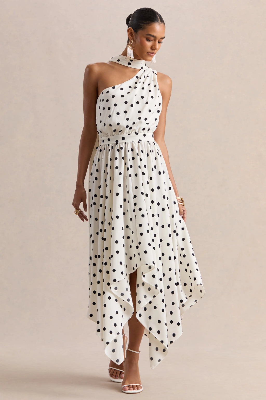 Caluna | White And Black Polka Dot Satin Asymmetric-Neck Midi Dress With Scarf-Detail