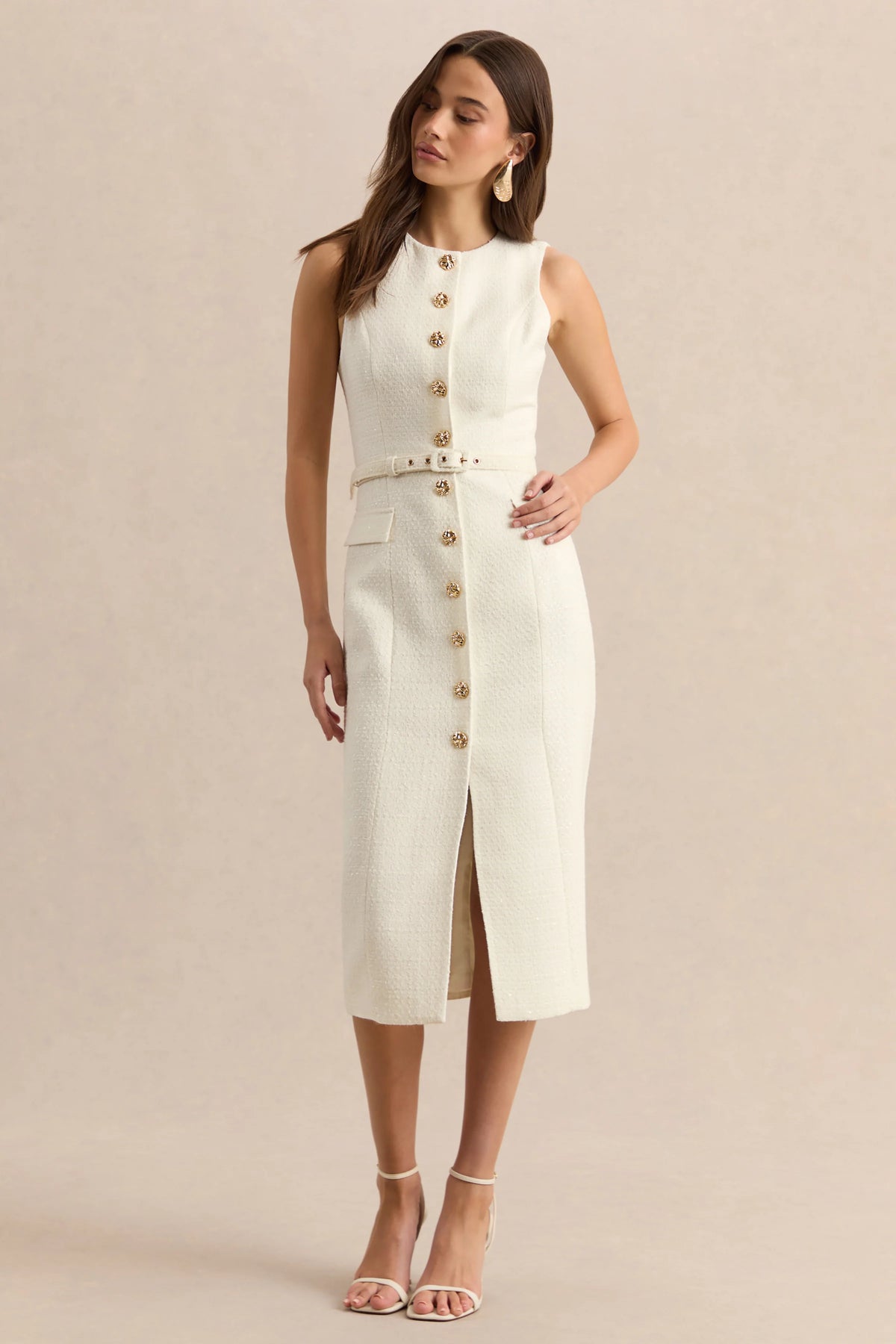 Clea | Cream Crew-Neck Belted Midi Dress With Front-Pockets