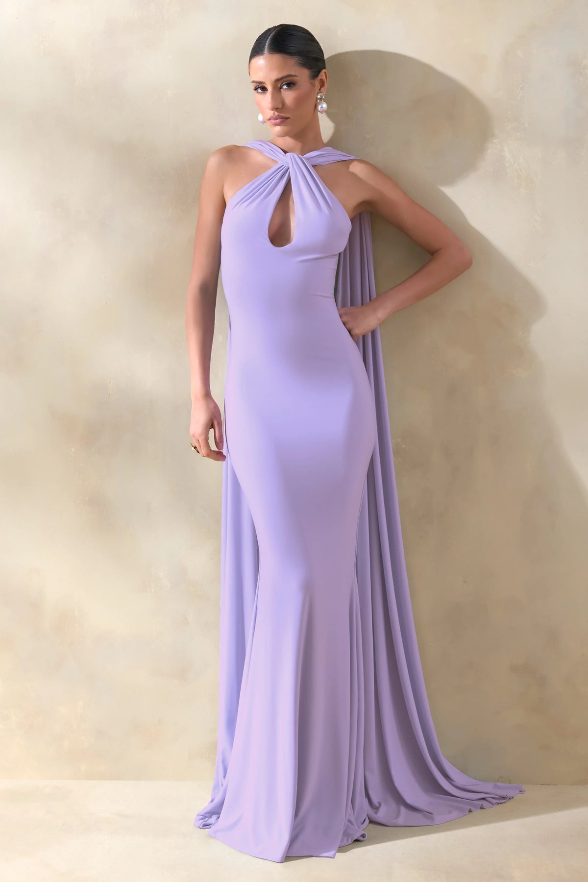 Rhoda | Lilac Twist Halter-Neck Cape Maxi Dress
