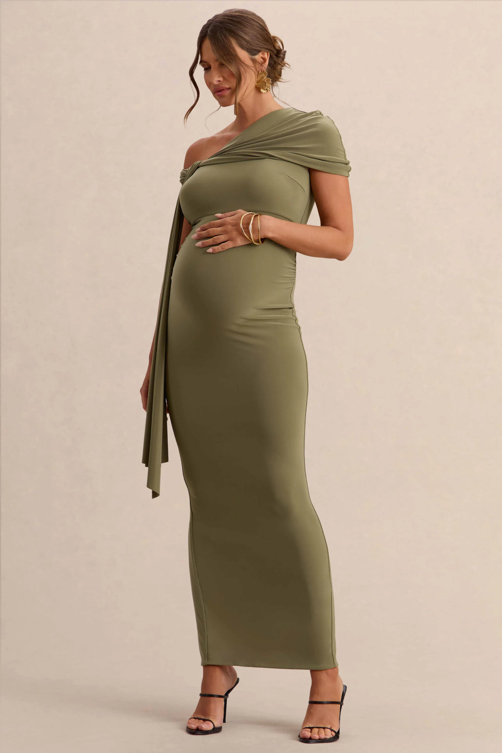 Isela | Khaki Asymmetric-Neck Maternity Maxi Dress With Sash Detail