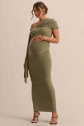 Isela | Khaki Asymmetric-Neck Maternity Maxi Dress With Sash Detail