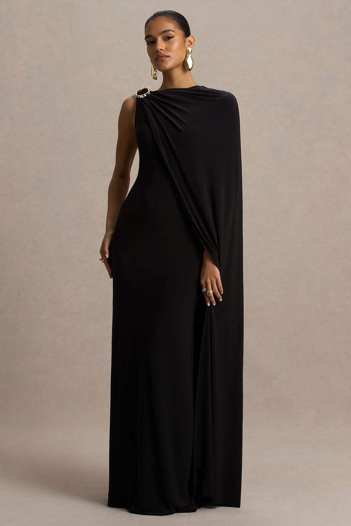 Cressida | Black Asymmetric-Neck Maxi Dress With Cape And Gold Detail