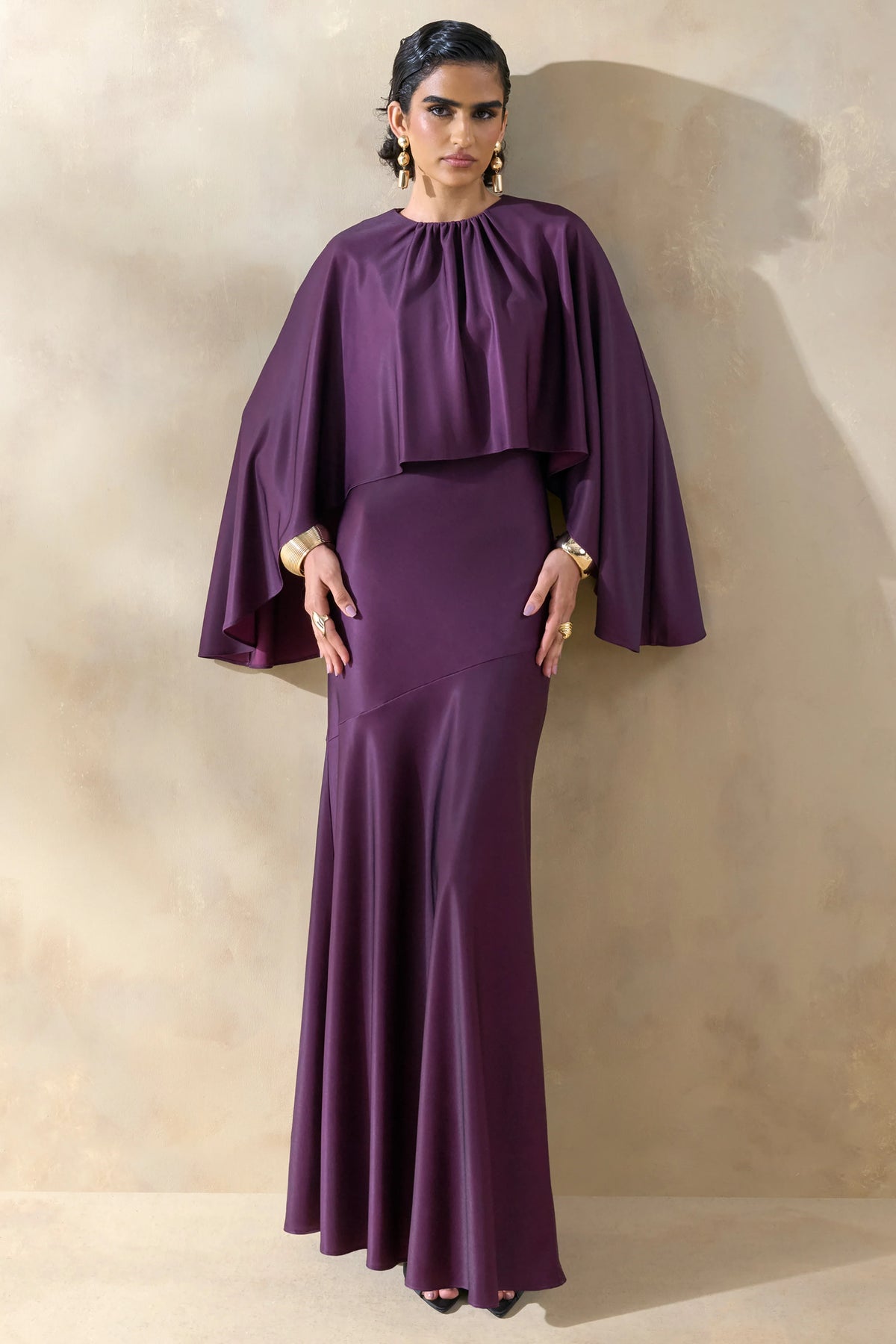 Vanthea | Dark Plum Satin Round-Neck Maxi Dress With Cape-Sleeves