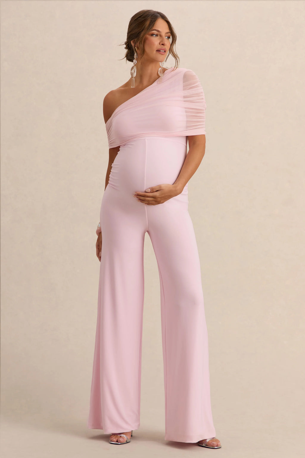 Mariska | Light Pink Asymmetric-Neck Maternity Jumpsuit With Sash Detail